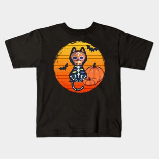 Black Cat Sugar Skull Pumpkin Halloween Kids T-Shirt